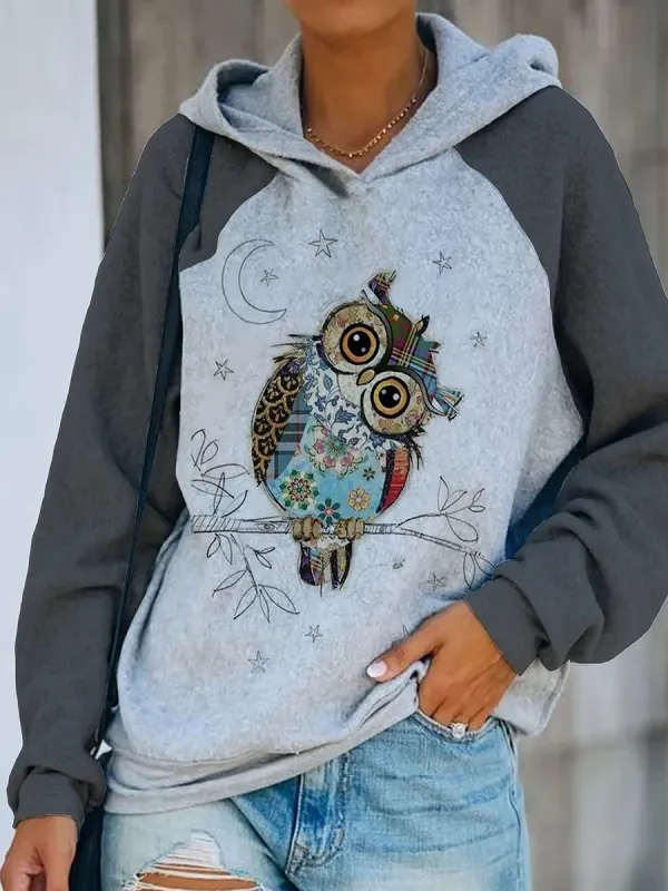 Casual Owl Print Long-Sleeved Hooded Sweatshirt - Ninacloak.com 