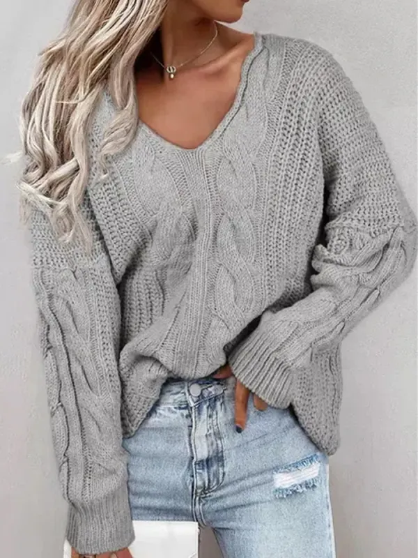 Casual Solid Color V Neck Long Sleeves Sweater - Ninacloak.com 