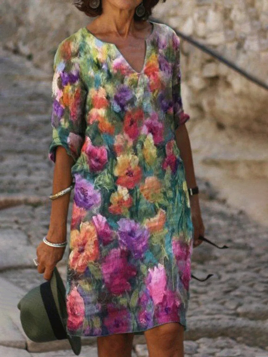 Fashion Floral Print V-neck Short Sleeve Shift Dress - Ninacloak.com 