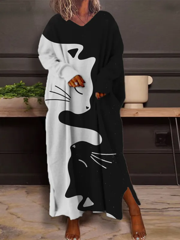 Fashion Animal Printed Long Sleeves V-neck Loose Casual Maxi Dress - Ninacloak.com 