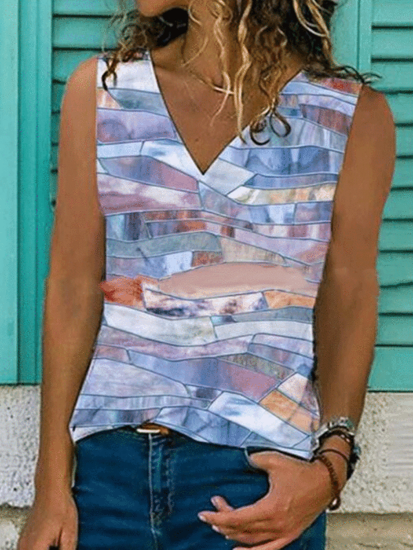 Fashion Pane Pattern Printing Loose V-neck Sleeveless Casual Vest - Ninacloak.com 