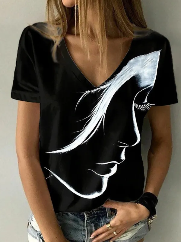 Women Casual Printed Short Sleeves V Neck T-shirt - Ninacloak.com 