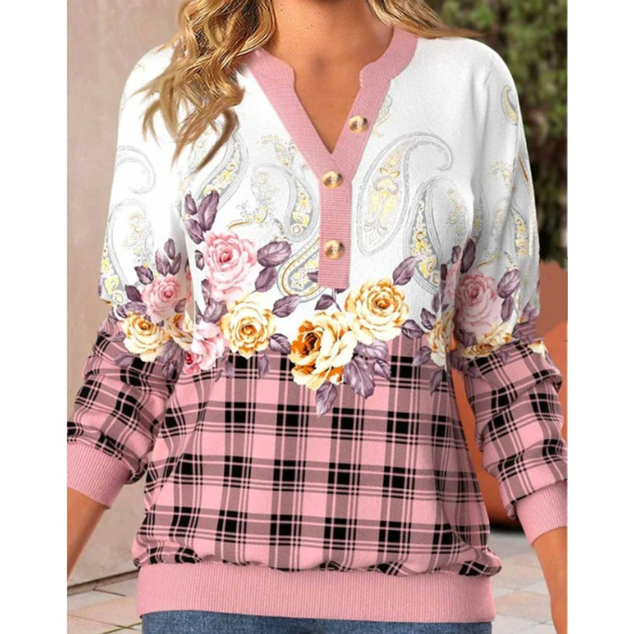 

Sudadera Superior De Manga Larga Con Cuello En V Y Estampado A Cuadros Con Costuras De Plantas Elegantes Para Mujer