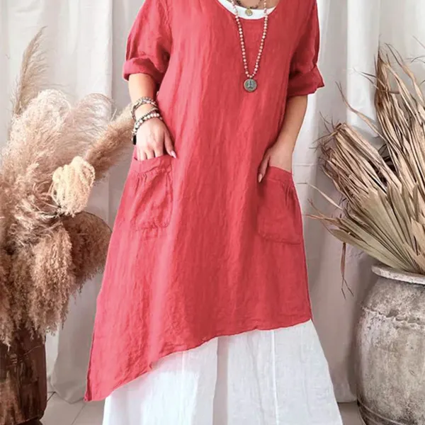Women's Cotton And Linen Simple And Versatile Irregular Hem Loose Dress - Kalesafe.com 