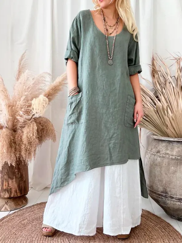Women's Cotton And Linen Simple And Versatile Irregular Hem Loose Dress - Ninacloak.com 