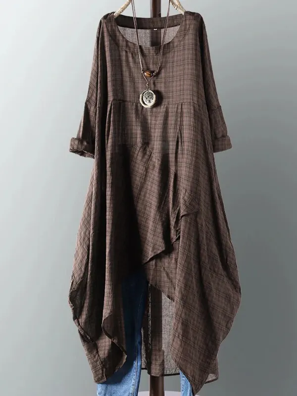 Plus Size Women's Solid Color Irregular Hem Plaid Cotton Linen Dress - Ninacloak.com 