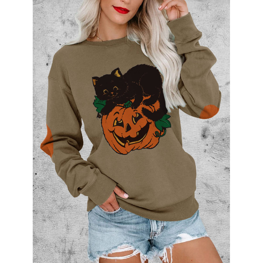

Women's Vintage Halloween Pumpkin Cute Black Cat Print Sweatshirt