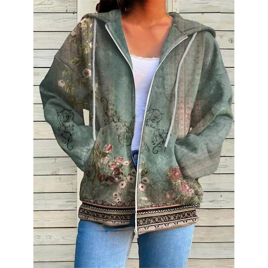 

Chaqueta Con Capucha Y Cremallera Para Mujer Estilo Retro Informal Holgada Cómoda Estampada