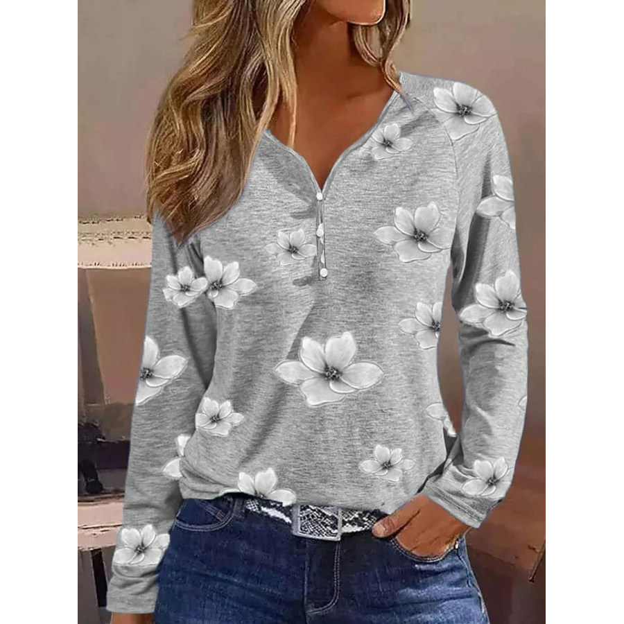 

Top De Manga Larga Con Cuello En V Y Estampado De Pétalos Para Mujer Talla Grande