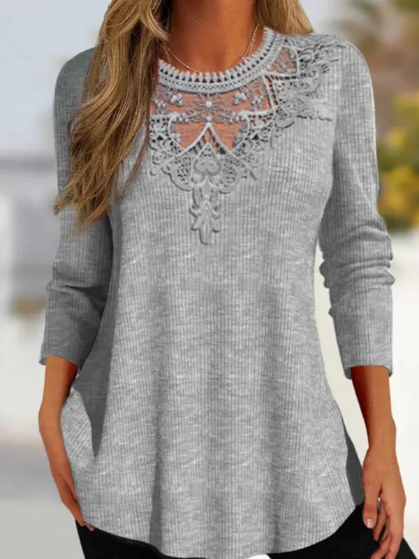 Women's Lace Stitching Mesh Knitted Long-sleeved Top - Ninacloak.com 