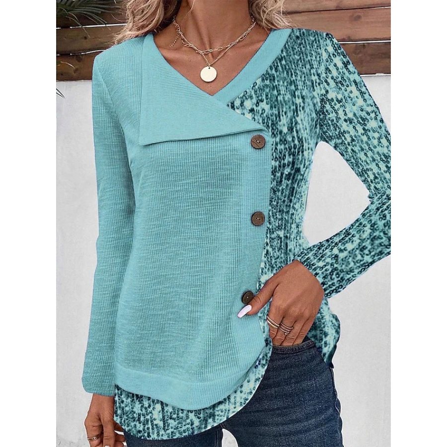 

T-shirt A Maniche Lunghe Con Scollo A V E Paillettes Con Cuciture A Contrasto Di Colore Alla Moda Da Donna