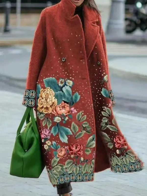 Women's Retro Floral Print Thick Mid-length Woolen Coat - Ninacloak.com 