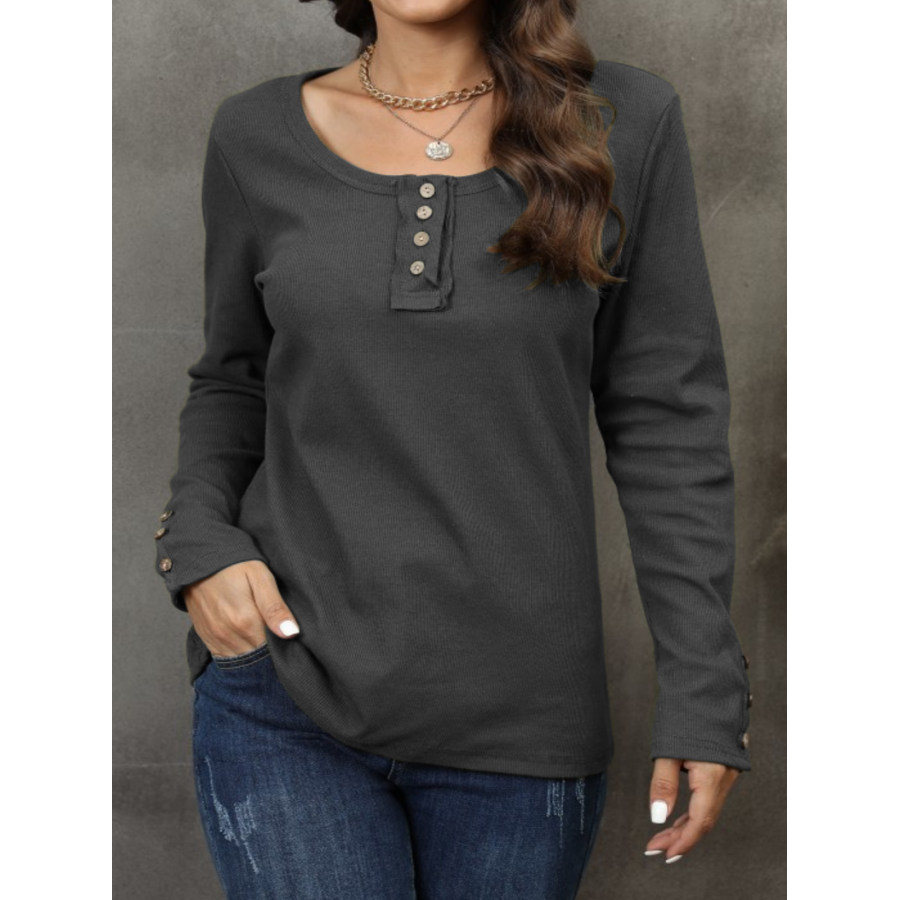 

Top Casual A Maniche Lunghe Lavorato A Maglia Con Colletto Henley Da Donna