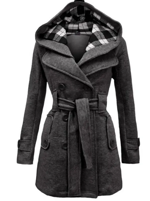 Long Checked Hooded Coat With Belt - Ninacloak.com 