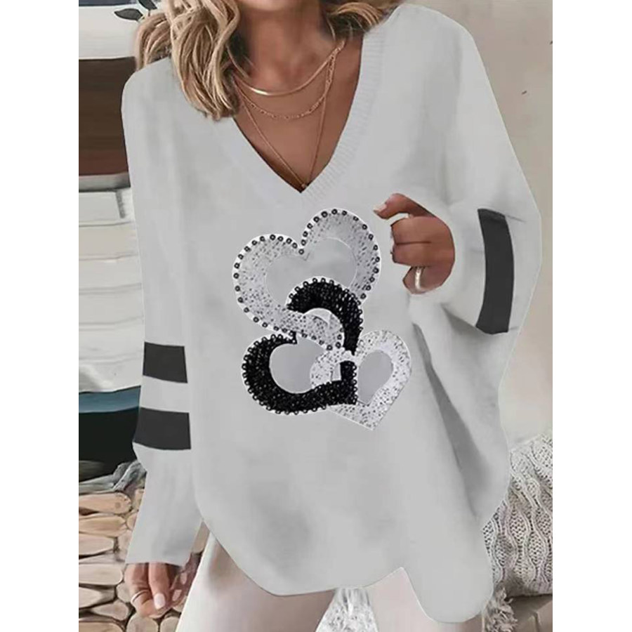 

Langärmliges Sweatshirt Mit V-Ausschnitt Und Love Ring-Print Für Damen