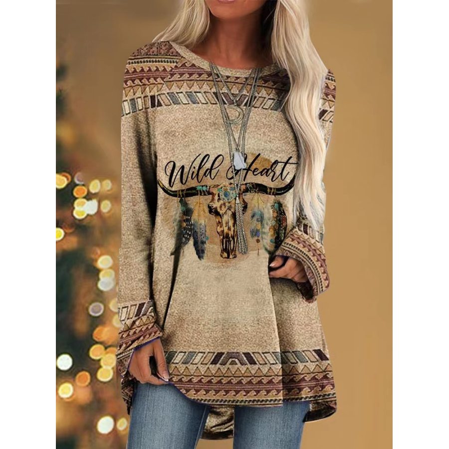 

T-shirt Ampia Con Maniche Raglan Stampate In Stile Occidentale Con Scollo Tondo