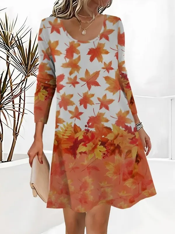 Plus Size Women's Autumn Leaf Floral Print Round Neck Dress Long Sleeve A-Line Dress - Ninacloak.com 