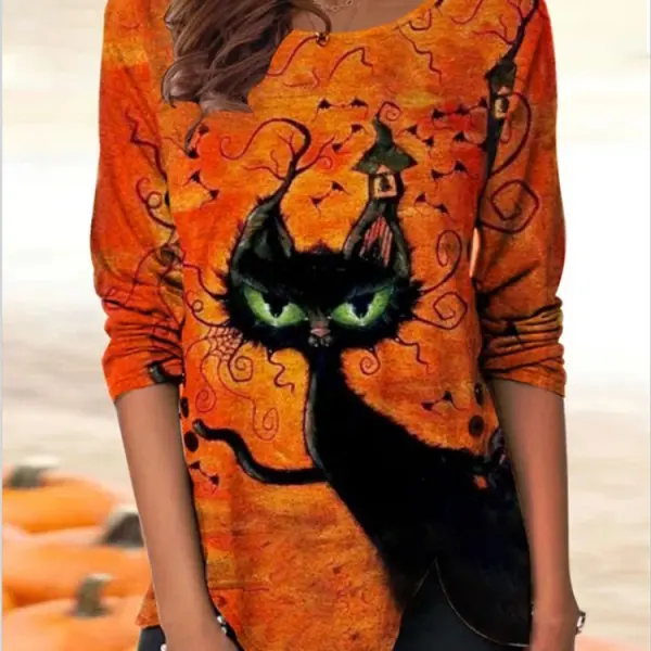 Women's Black Cat Halloween Print Round Neck Long Sleeve T-Shirt - Cotosen.com