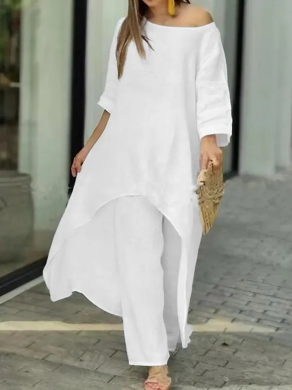 Women's Casual Irregular Hem Top Cotton And Linen Suit - Ninacloak.com 