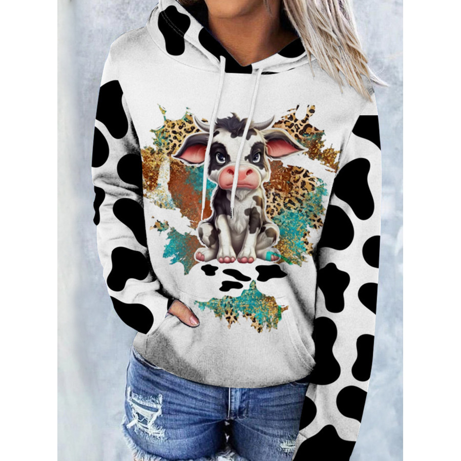 

Women's Cute Cow Color Block Print Hooded Sweatshirt