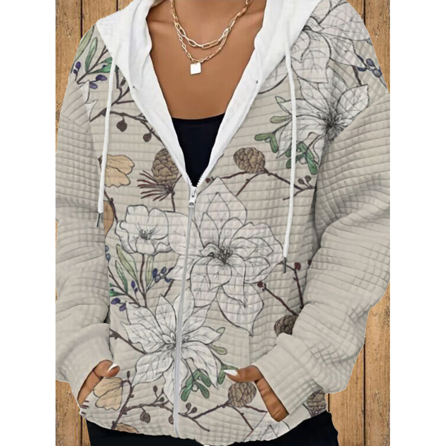 

Chaqueta Tipo Sudadera Con Bolsillo Y Capucha Con Estampado Floral Retro Para Mujer