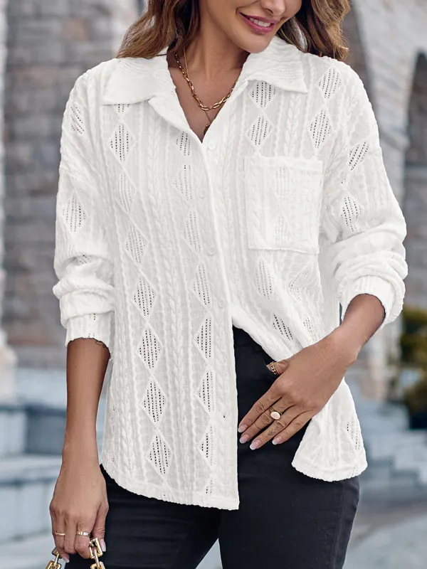 Women's Solid Color Jacquard Fabric Loose Long-sleeved Shirt - Ninacloak.com 