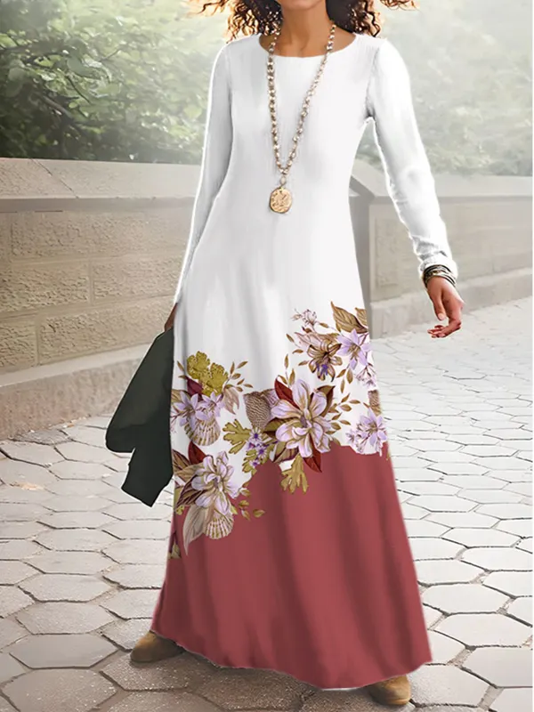 Women's Vintage Floral Print Long Sleeve Casual Maxi Dress - Ninacloak.com 