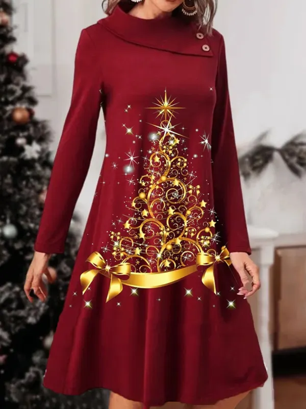 Casual Christmas Tree Print Party Long Sleeve Midi Dress - Ninacloak.com 