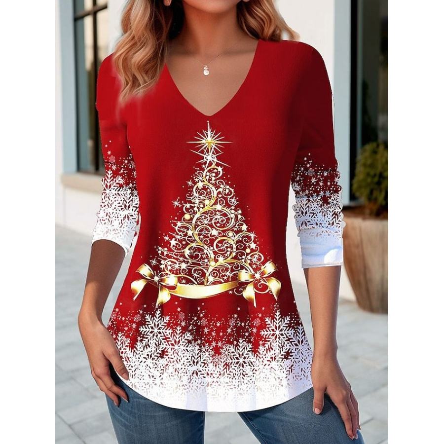 

Damen-T-Shirt Mit Weihnachtsbaum-Print V-Ausschnitt Und Langen Ärmeln