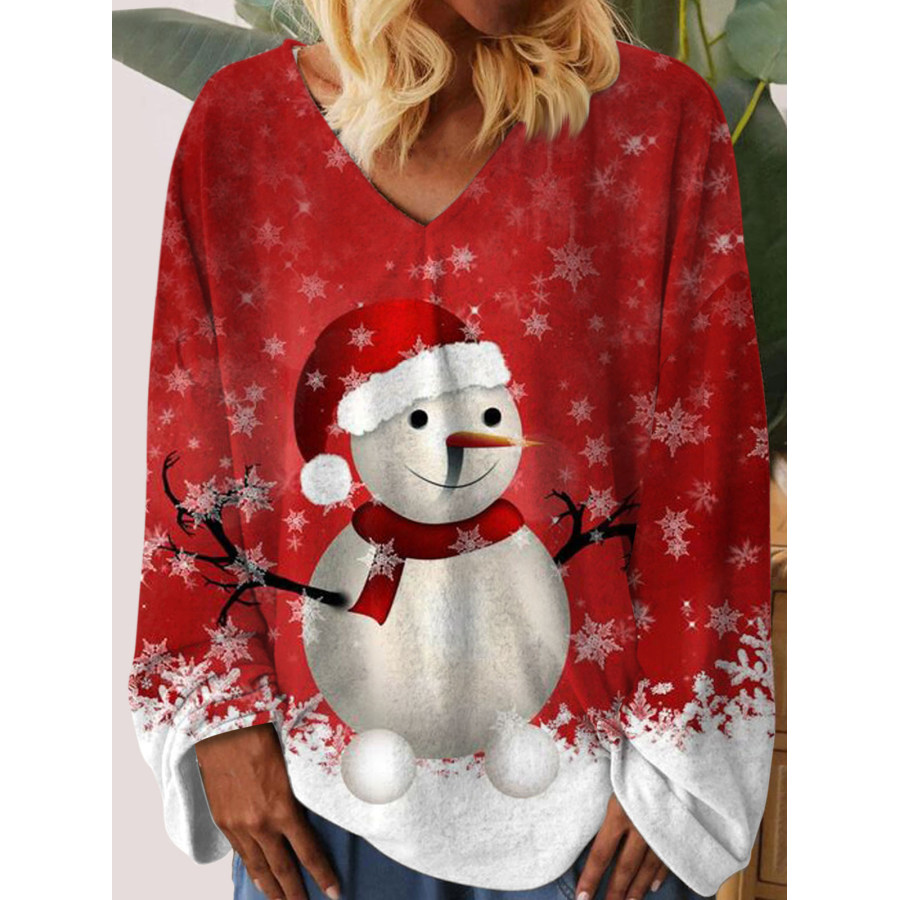 

Damen-T-Shirt Mit Retro-Weihnachts-Schneemann-Aufdruck V-Ausschnitt Und Langen Ärmeln