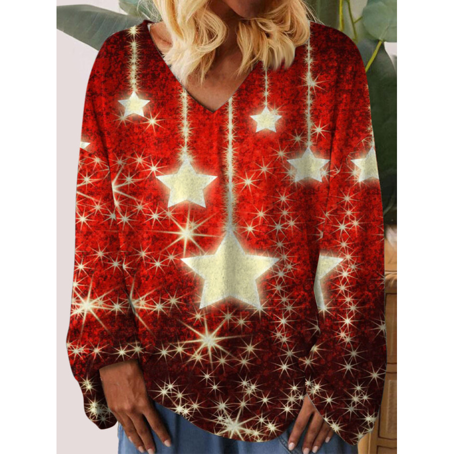 

Women's Retro Christmas Snowflake Print V-Neck Long Sleeve T-Shirt