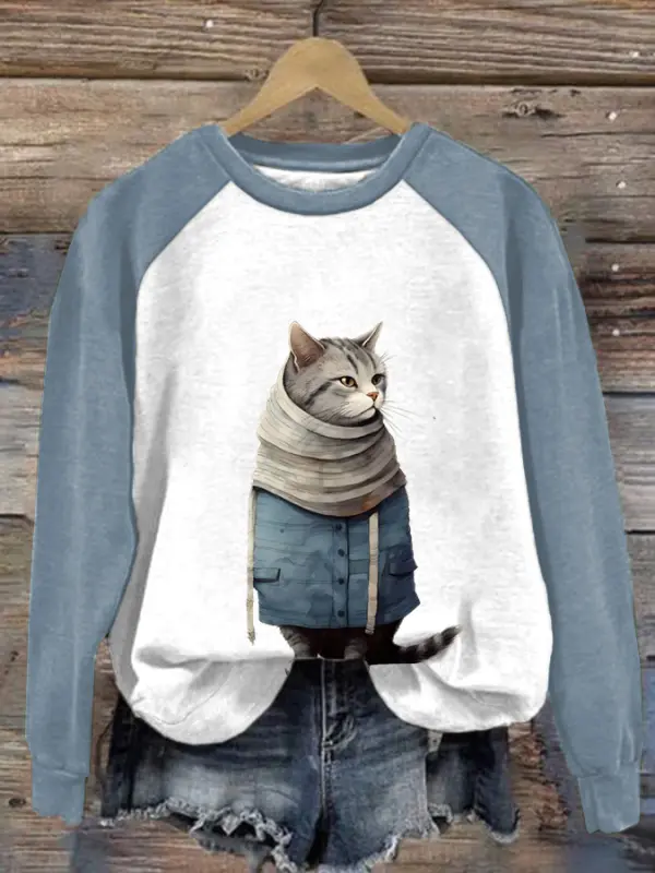 Women's Cute Cat Print Color Matching Loose And Comfortable Sweatshirt - Ninacloak.com 