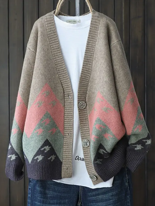 Women's Retro Geometric Color Block Knitted Sweater Cardigan - Ninacloak.com 