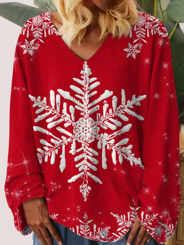 Women's Retro Christmas Snowflake Print V-Neck Long Sleeve T-Shirt - Ninacloak.com 