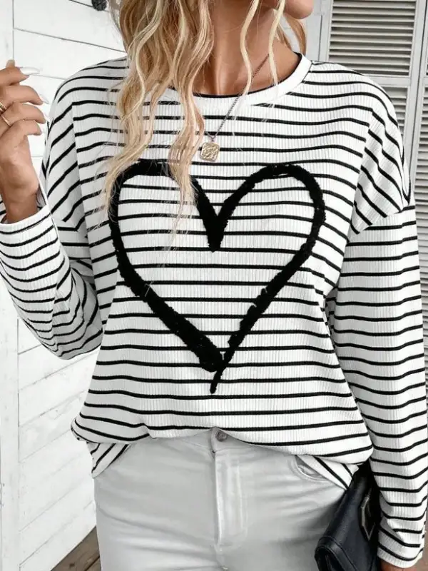 Women's Retro Striped Heart Embroidered Long Sleeve Top - Ninacloak.com 