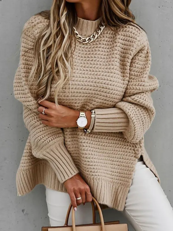Women's Solid Color Loose Knitted Casual Side Slit Sweater - Ninacloak.com 