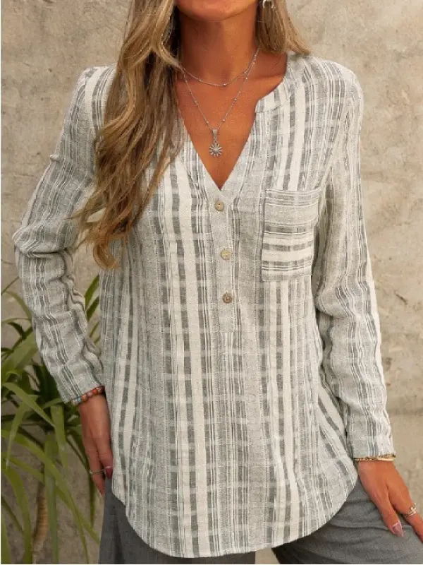 Women's Retro Striped Pocket V-Neck Long Sleeve Shirt - Ninacloak.com 