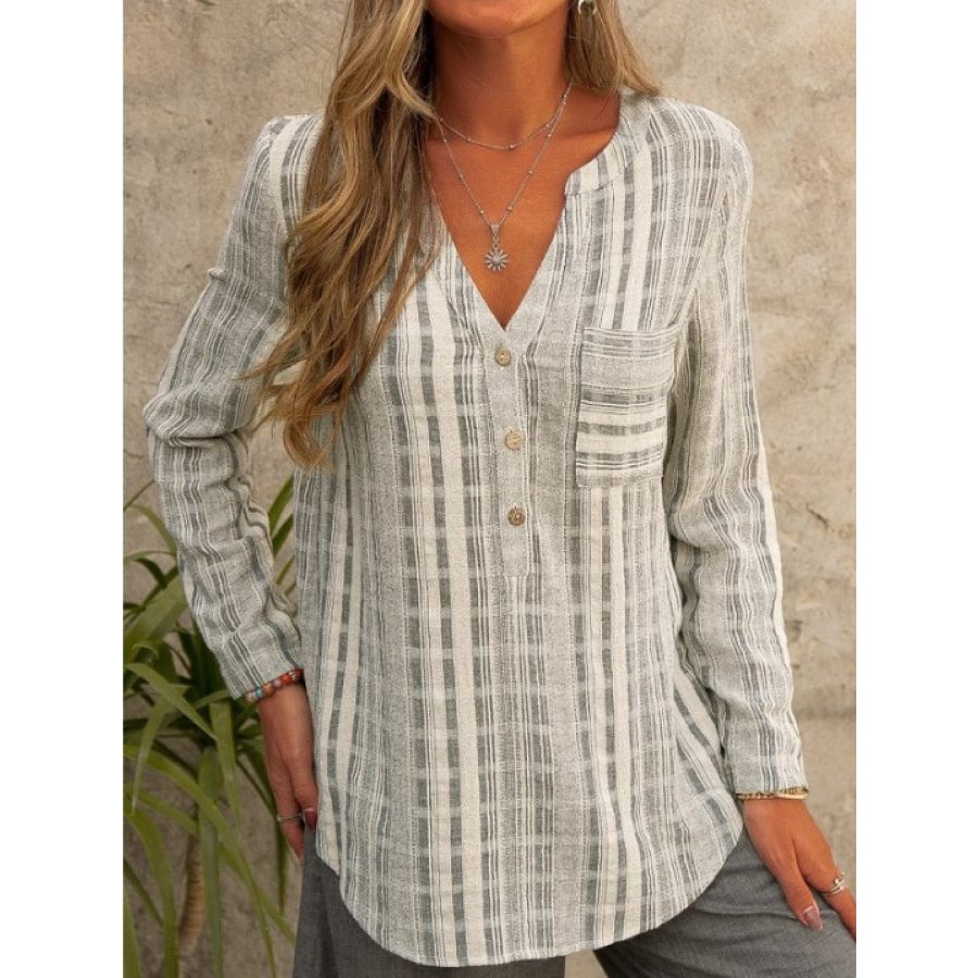 

Camicia Da Donna A Maniche Lunghe Con Scollo A V E Tasca A Righe Retrò