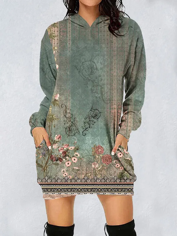 Women's Retro Floral Print Hooded Casual Sweatshirt Dress - Ninacloak.com 