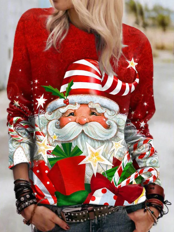 Women's Santa Print Long Sleeve Sweatshirt - Ninacloak.com 