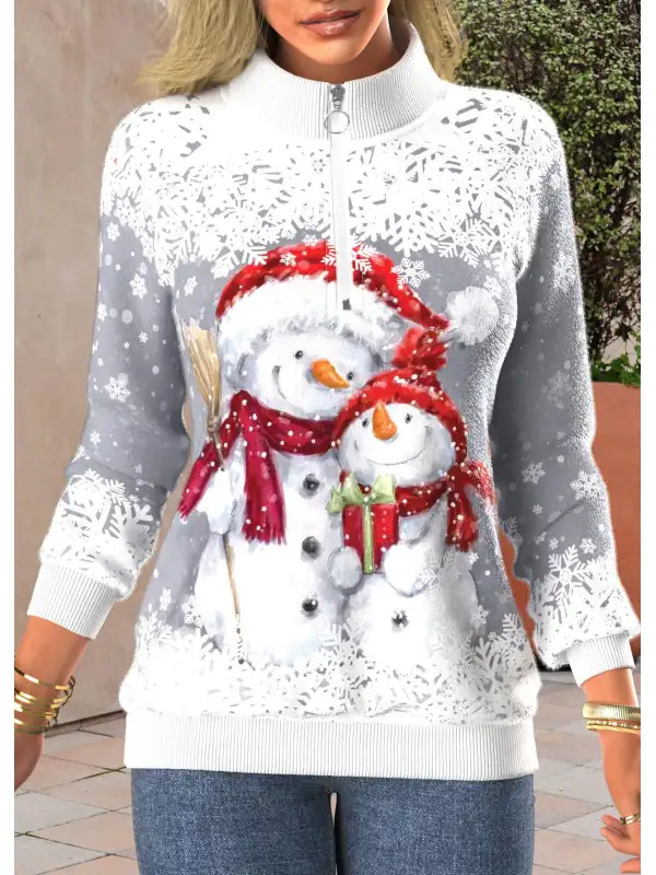 Women's Christmas Snowman Print Zipper Stand Collar Sweatshirt - Ninacloak.com 