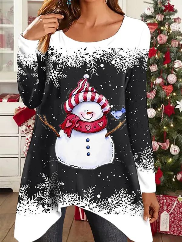 Women's Christmas Snowman Snowflake Print Irregular Hem Long Sleeve Top - Ninacloak.com 