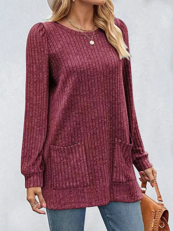 Women's Solid Color Loose Pocket Pullover Sweater - Ninacloak.com 