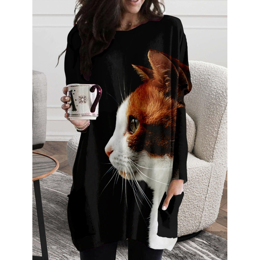 

Женская футболка средней длины с круглым вырезом и 3D принтом кота
