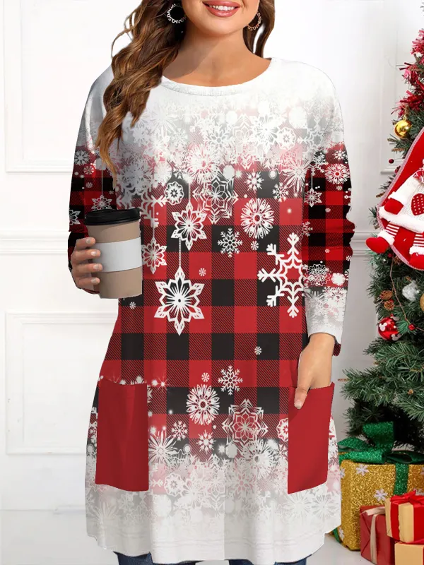 Women's Loose Round Neck Long Sleeve T-Shirt With Pockets Christmas Top - Ninacloak.com 