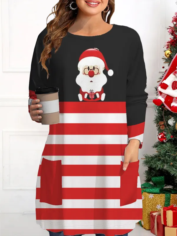 Women's Santa Stripe Print Pocket Loose Round Neck Long Sleeve T-Shirt - Ninacloak.com 