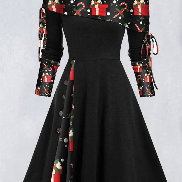 Women's Retro Christmas Print Patchwork One-shoulder Waist Dress - Cotosen.com