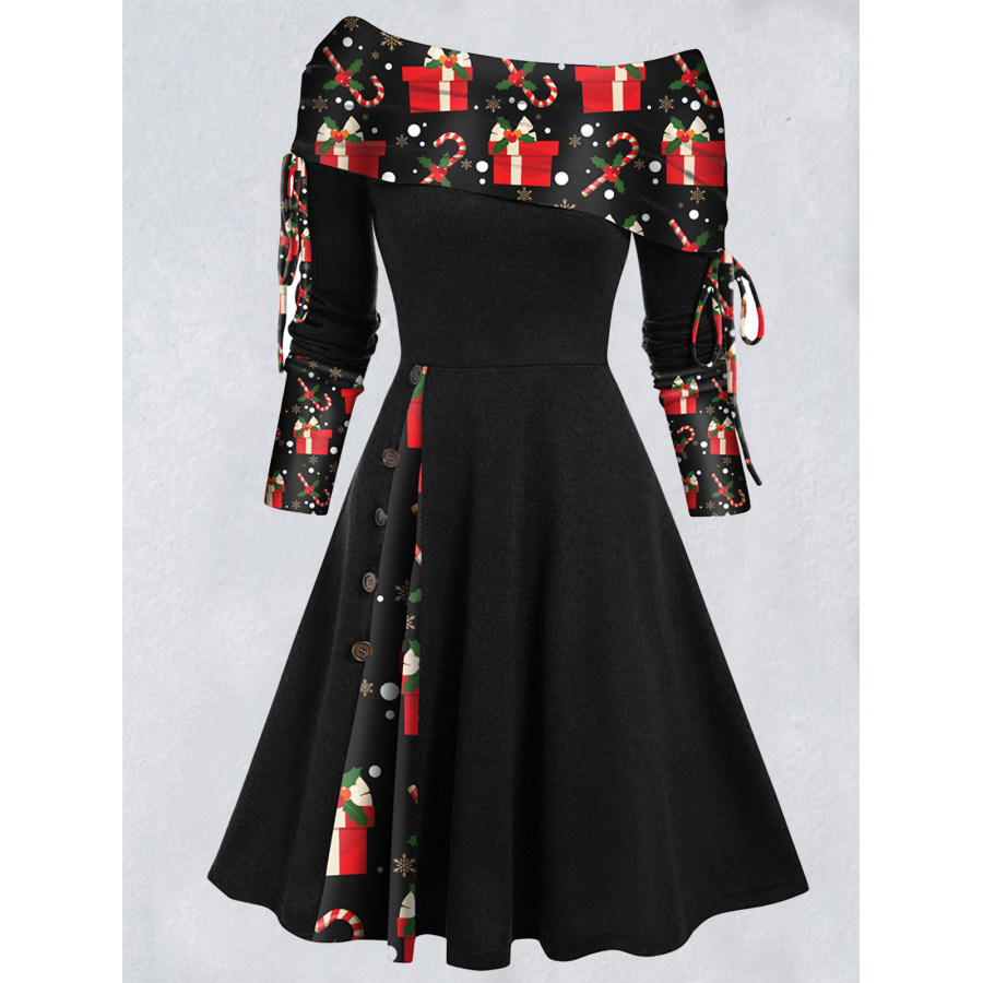 

Robe Rétro à Imprimé De Noël Pour Femmes Asymétrique épaule Dénudée Taille Patchwork