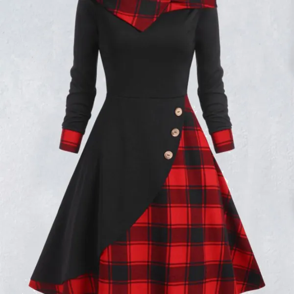 Women's Vintage Plaid Patchwork Hooded Turtleneck Dress - Cotosen.com