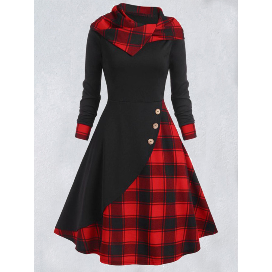 

Women's Vintage Plaid Patchwork Hooded Turtleneck Dress